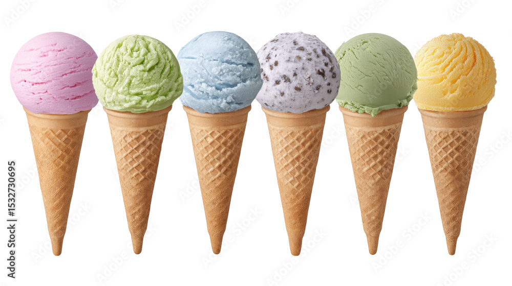 Poster ice cream cones isolated on transparent background with colorful flavors in row