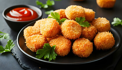 Close-up photo of fried chicken nuggets on black plate with red dipping sauce. Crispy golden brown nuggets with ketchup. Tasty fast food snack dinner