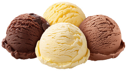 Fototapeta premium Ice cream scoops isolated on transparent background with vanilla chocolate and yellow flavor