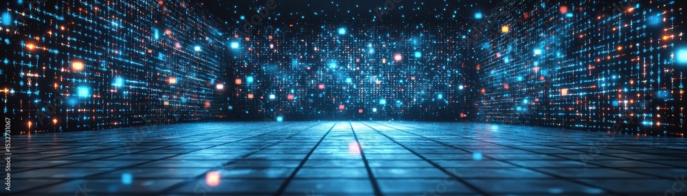 Poster a futuristic digital room illuminated by countless glowing blue and orange lights arranged in a grid