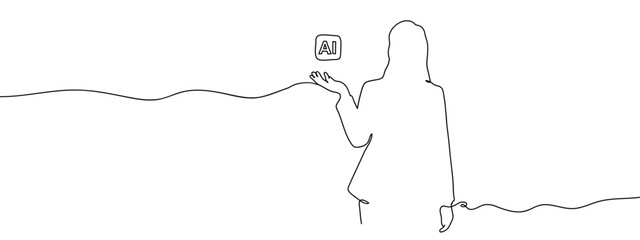 Continuous line AI icon floating on the palm of a person, AI icon concept Vector lines, cut background, editable strokes.