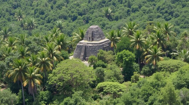 Ancient Temple Amidst Lush Jungle: A captivating aerial perspective showcases a mysterious ancient temple, majestically rising amidst a vibrant, verdant jungle, inviting exploration.