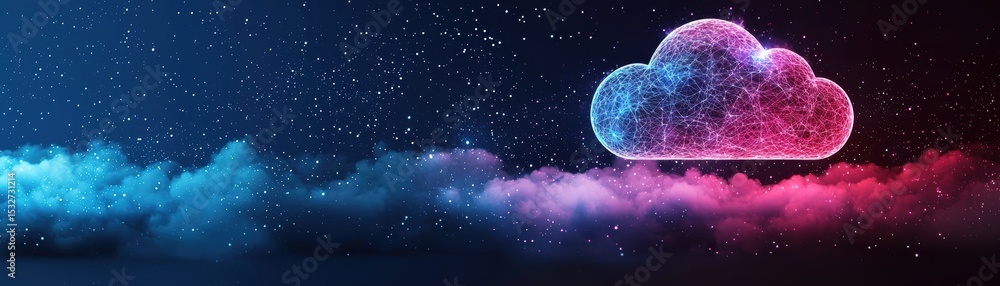 Poster a glowing digital cloud icon made of neon dots floats above mist, symbolizing cloud computing and da