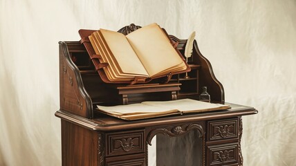 An antique writing desk with an open journal beside a quill pen and an inkwell