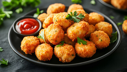 Close-up photo of fried chicken nuggets on black plate with red dipping sauce. Crispy golden brown nuggets with ketchup. Tasty fast food snack dinner
