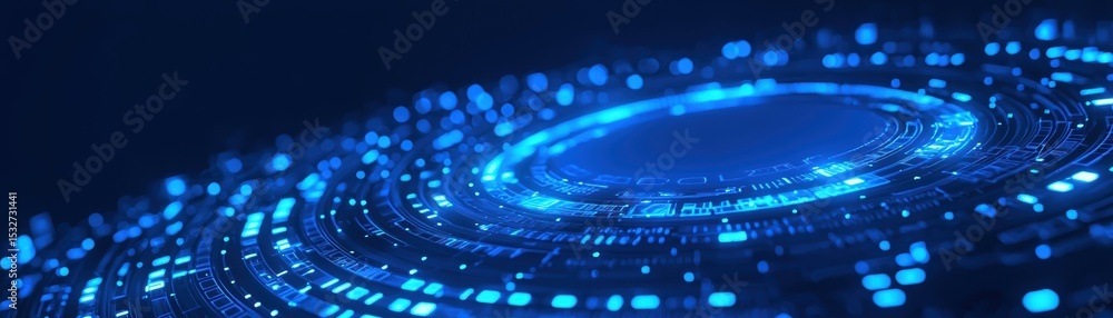 Poster a futuristic digital interface with glowing blue circuits and data patterns forming a circular, high