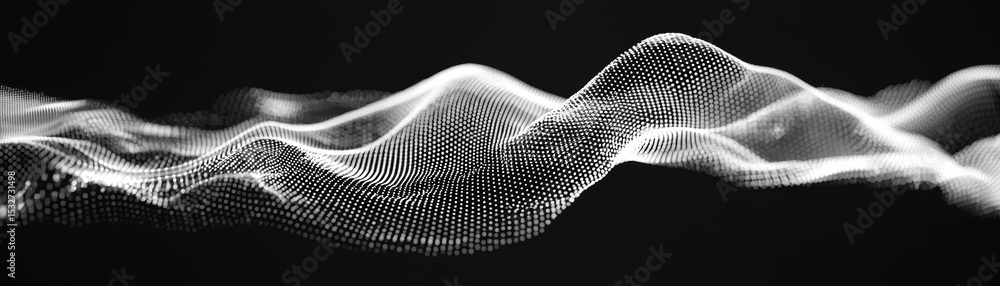 Poster abstract black and white digital wave composed of dotted points, creating a flowing, three-dimension