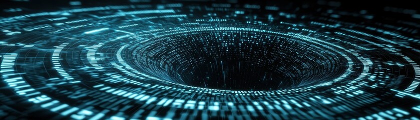 A digital vortex of glowing blue and white data streams swirling into a deep black core, symbolizing technology, information flow, and cyberspace