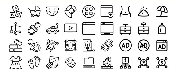 Black and White Baby Icons and Web Interface Symbols Set