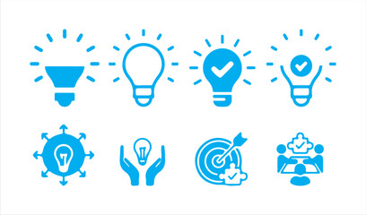 Idea icon set. Creative idea, brainstorming, solution, thinking and innovation icons. idea generation, light bulb symbol, lamp icon.  Victor illustration eps 10