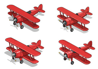 Vintage Red Biplane Isometric Illustration Collection for Aviation Enthusiasts