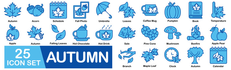 Autumn Icon Set With Acorn, Schedule, Fall Photo, Umbrella, Leaves, Coffee Mug, Pumpkin, Book, Temperature, Apple, Falling Leaves, Hot Chocolate