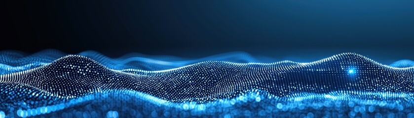 Digital blue wave pattern with glowing dots forming a futuristic, flowing 3D landscape against a dark background