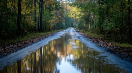 Obraz premium A wet road through a forest with reflections of trees in puddles.