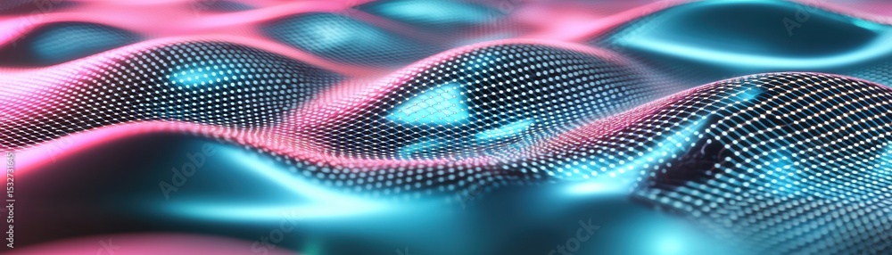 Poster a digital abstract landscape with wavy grids of glowing blue and pink dots creating a futuristic, dy