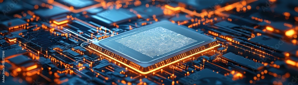 Poster close-up of a glowing microchip on a circuit board with intricate wiring and vibrant orange and blue