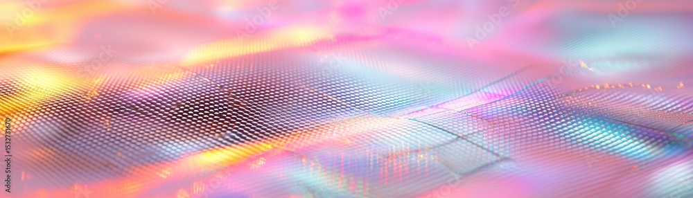 Poster abstract digital wave of multicolored mesh grid glowing with iridescent pastel hues, portraying futu