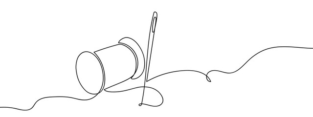 Continuous line, sewing needle and thread spool Vector lines, cut background, editable strokes.