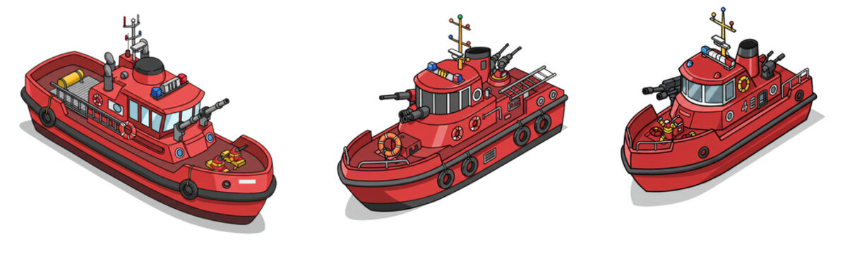 Isometric cartoon illustration of a red fireboat trio detailed shading