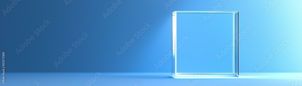 Poster a minimalistic transparent cube frame stands on a blue surface against a blue textured wall, creatin