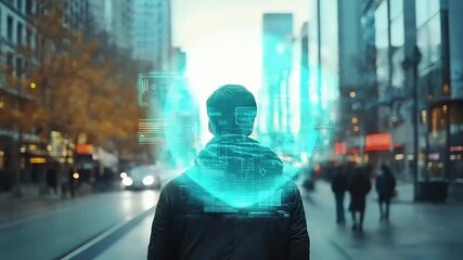 Man standing on a city street with digital data overlay, surrounded by urban life and technology - Powered by Adobe