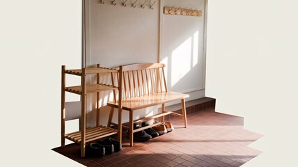 a natural lit entryway with a bench, shoe rack, and coat hooks.