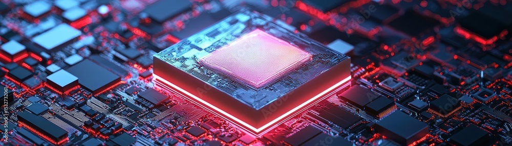 Poster close-up of a glowing microchip on a complex circuit board with neon red and blue lighting highlight