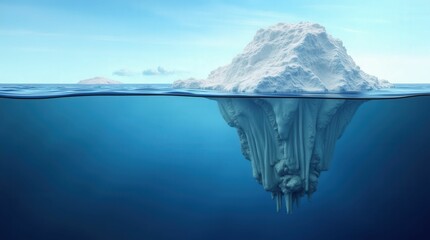 Iceberg in the Ocean: A massive iceberg, mostly submerged beneath the surface of a deep blue ocean, symbolizes hidden depths and unseen challenges.