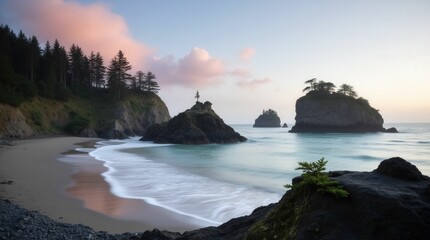 Coastal Serenity: A captivating coastal scene at dusk, featuring a tranquil beach, rugged rocks, and the vast ocean under a soft, pastel sky, evoking peace and natural beauty.