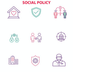 Social Policy and Services Line Icon Set – Health, Education, Family, Rights Protection