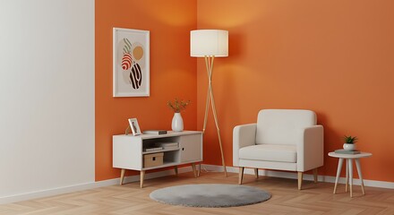 Cozy orange room with minimalist furnishings