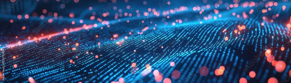 Poster abstract digital waves with glowing blue lines and orange bokeh lights create a futuristic, dynamic 