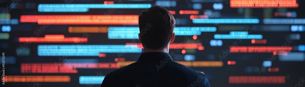 Poster a man in a suit views a digital screen filled with colorful code and data, symbolizing programming, 