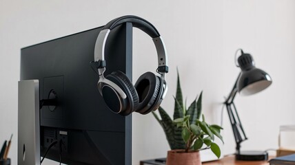 A pair of headphones hangs on the corner of a monitor, placed on a wooden desk near a potted plant and lamp