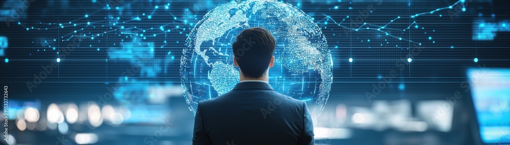 Aufkleber a man in a suit faces a digital globe with data streams and holographic interfaces, symbolizing glob