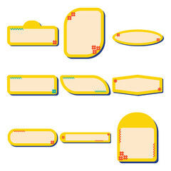 Set of colorful text box templates with yellow borders, floral decorations, and playful shapes for notes or labels