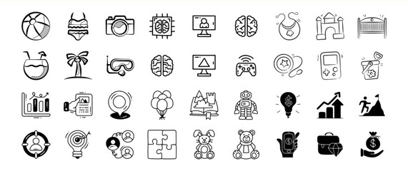 Black and White Doodle Icons Set Bundle 46 Business Travel Baby Toys