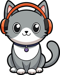 A cat is sitting with headphones in the ear.