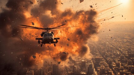 Helicopter escaping from the explosion in city with fire and debris during action movie scene