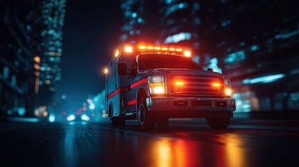 Ambulance with flashing emergency lights on city street at night