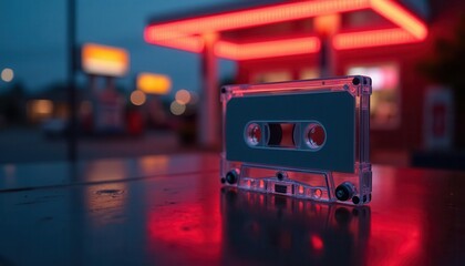Retro cassette tape with neon lighting in a futuristic urban night setting, featuring vibrant colors and bokeh effects