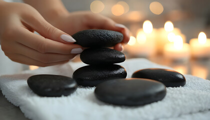 Hands prepare hot stones for relaxing massage in spa setting. Lit candles create ambient background for therapy, treatment. Calming ritual for health,
