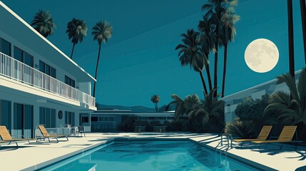 Mid-century modern hotel courtyard with swimming pool, retro flat illustration style, full moon night scene