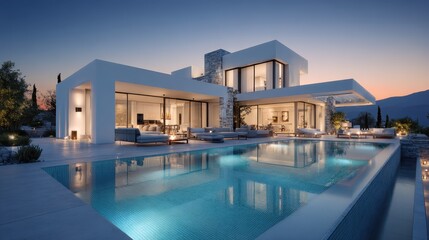 Fototapeta premium Luxurious modern villa glowing at twilight, featuring infinity pool overlooking dramatic mountain landscape, radiating sophisticated relaxation and architectural elegance