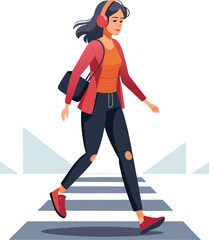 Young woman Crossing Street with Headphones Urban Lifestyle Concept, young woman with headphone