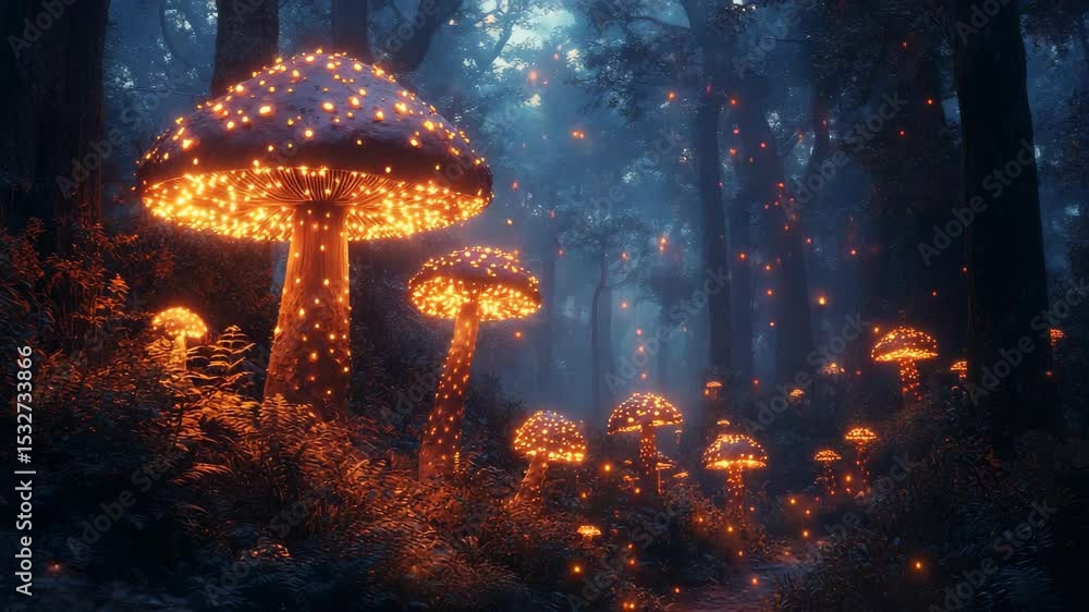 Poster a mystical forest reveals a dazzling display of luminescent mushrooms under soft twilight. glimmers 