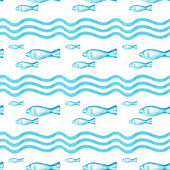 Seamless background with abstract fish. Marine seamless pattern in watercolor. Stylized waves and fish on a white background. The illustration is made in turquoise color.