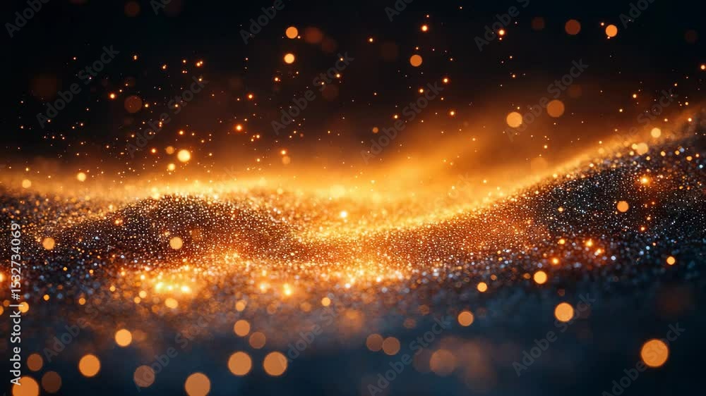 Poster witness the mesmerizing interplay of light as golden particles float above an undulating terrain, cr