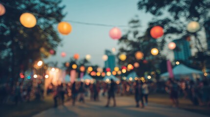 Nighttime festival scene with soft focus view, illuminated paper lanterns, colorful tent structures, and festive crowd experiencing spirited outdoor celebration
