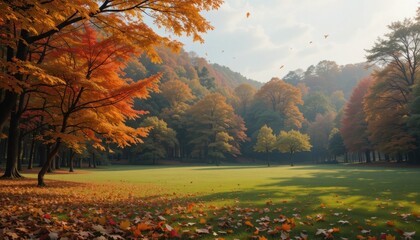 Picturesque Autumnal Landscape: Trees, Leaves, and Green Field Under Cloudy Sky